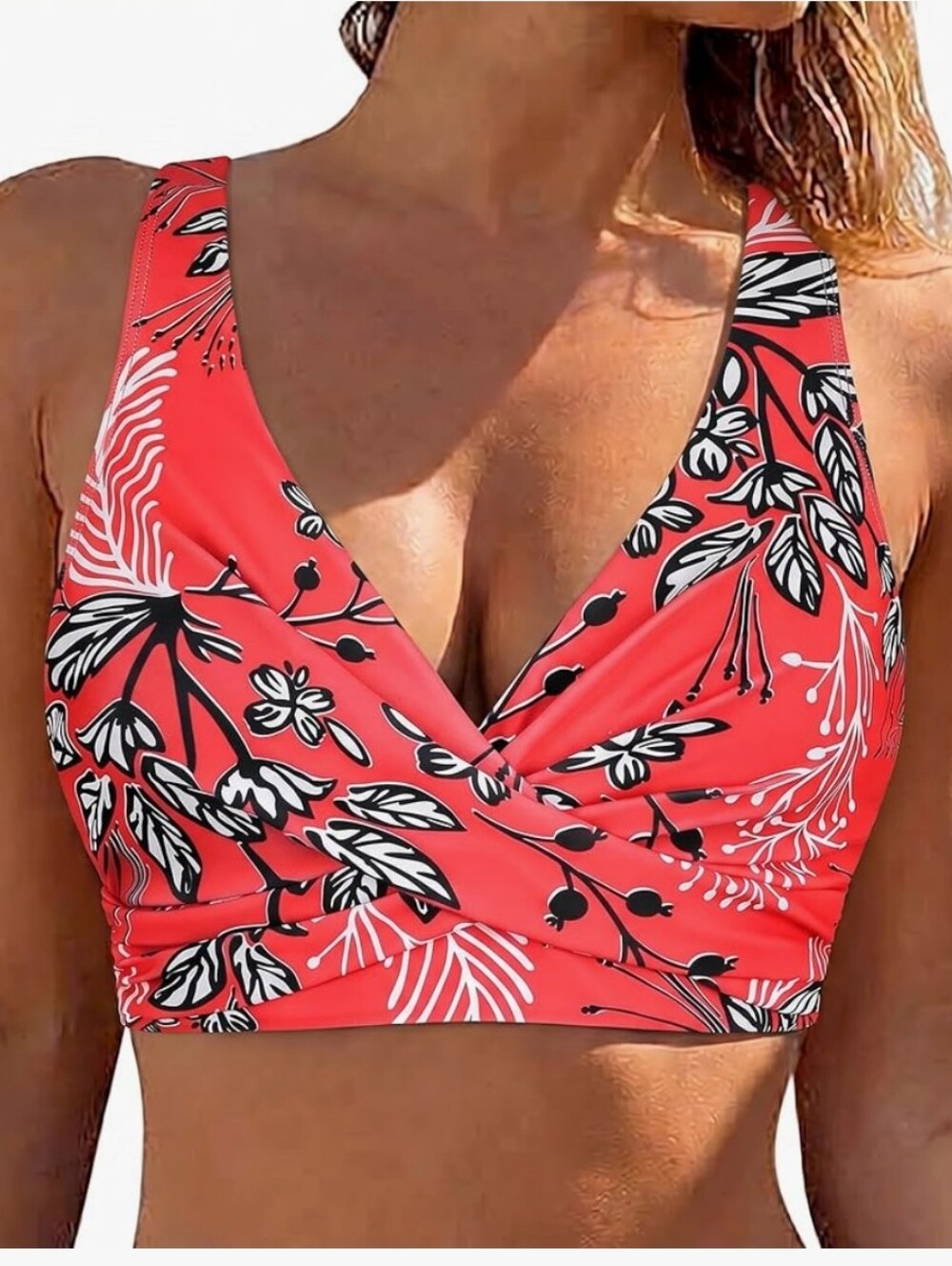 Tropical Coral Floral Wrap V-Neck Swim Top Size 16 Underwire